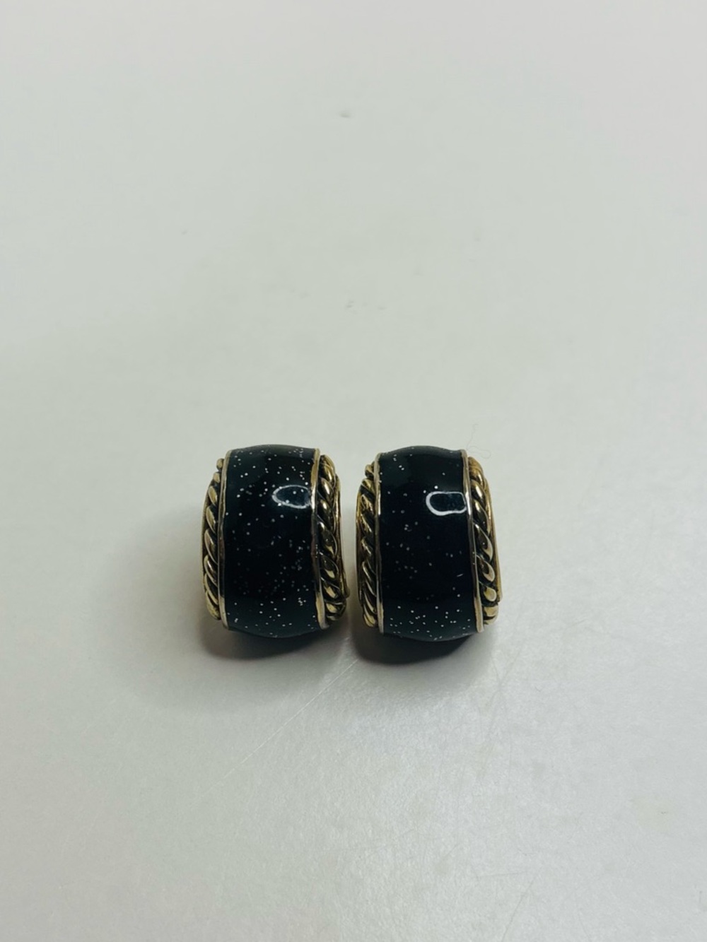 Vintage Gold Tone Rope Twist J Hoop Earrings Black Galaxy Enamel Sparkle Hoops